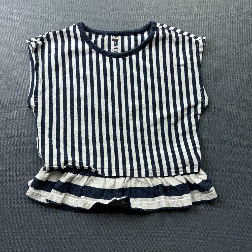 Tea Collection Girls Size 5 Navy White Striped Ruffle Hem Cotton Boutique Shirt